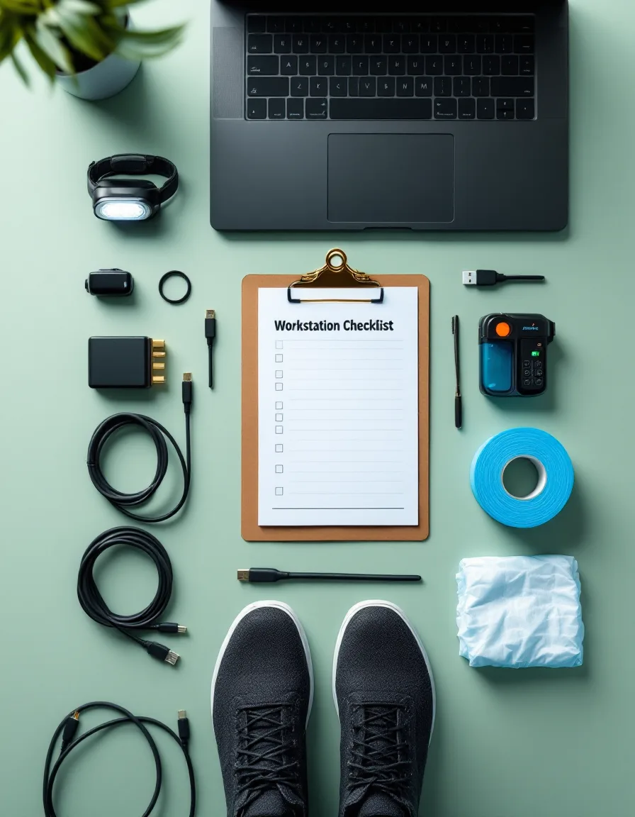 An overhead flat-lay of an assessor’s kit: laptop, headlamp, clipboard checklist, label maker, ethernet cables, adapter, painter’s tape, and shoe covers