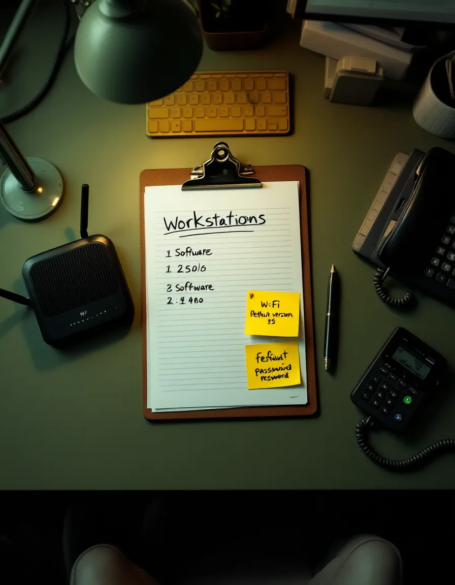 A reception desk clipboard listing workstations, a sticky note with a software version, and a router with its password label, ready for a scoping call
