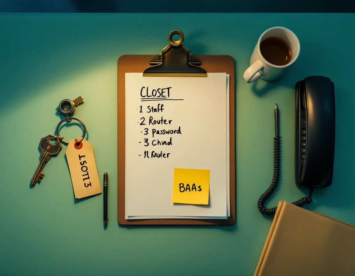 A cramped office closet at night with a router, a server, and a backup drive on one shelf under a box of gloves, caught in a flashlight beam